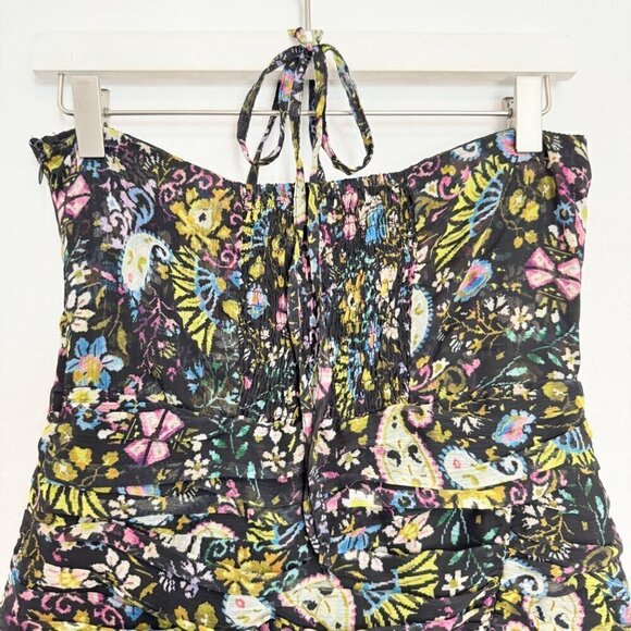 Zara Halter Tie Smocked Ruched Strapless Bodycon Floral Mini Dress Size Small - Picture 7 of 9
